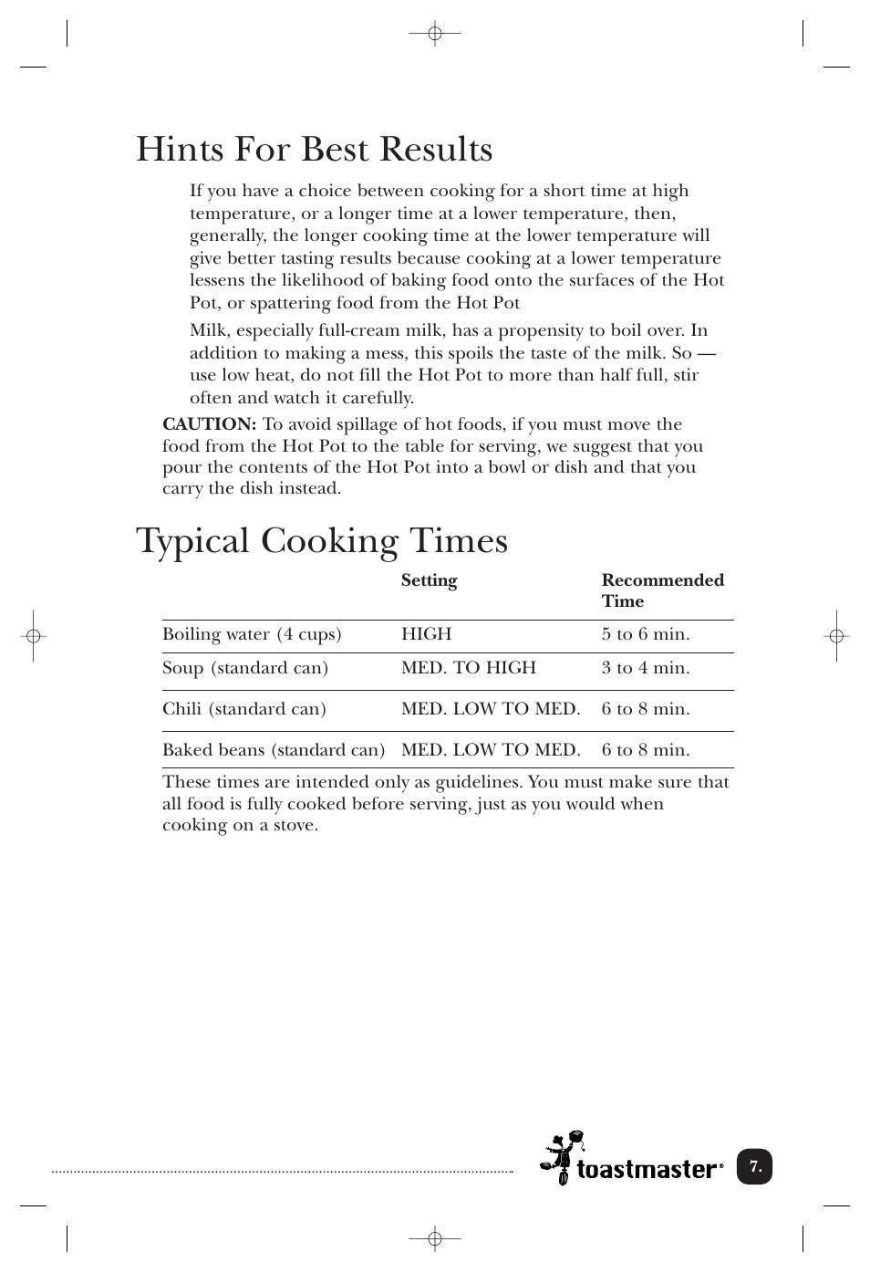 Hints for best results, Typical cooking times | Toastmaster THP32WCAN User Manual | Page 8 / 12