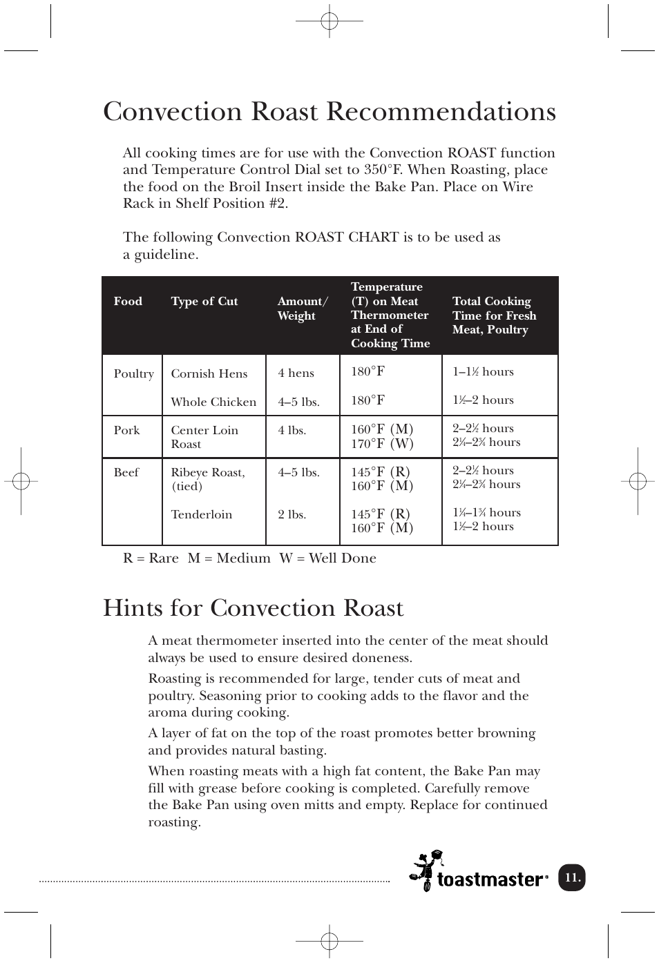 Convection roast recommendations, Hints for convection roast, F (m) | F (w), F (r) | Toastmaster COV760B User Manual | Page 12 / 22