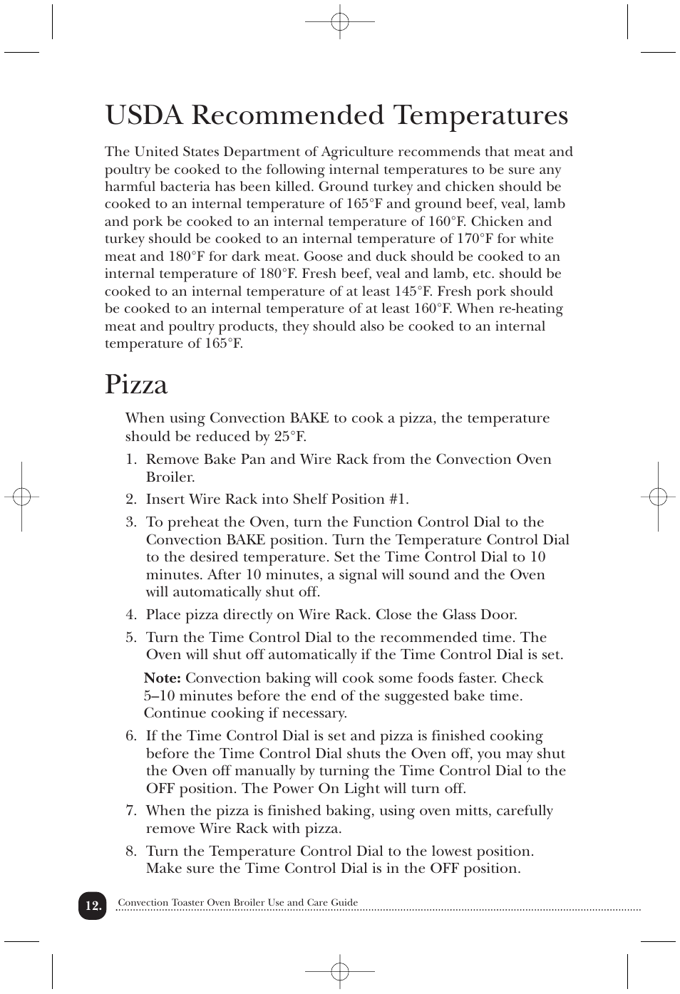 Usda recommended temperatures, Pizza | Toastmaster COV760B User Manual | Page 13 / 22