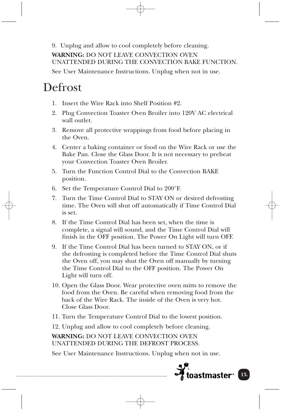 Defrost | Toastmaster COV760B User Manual | Page 14 / 22