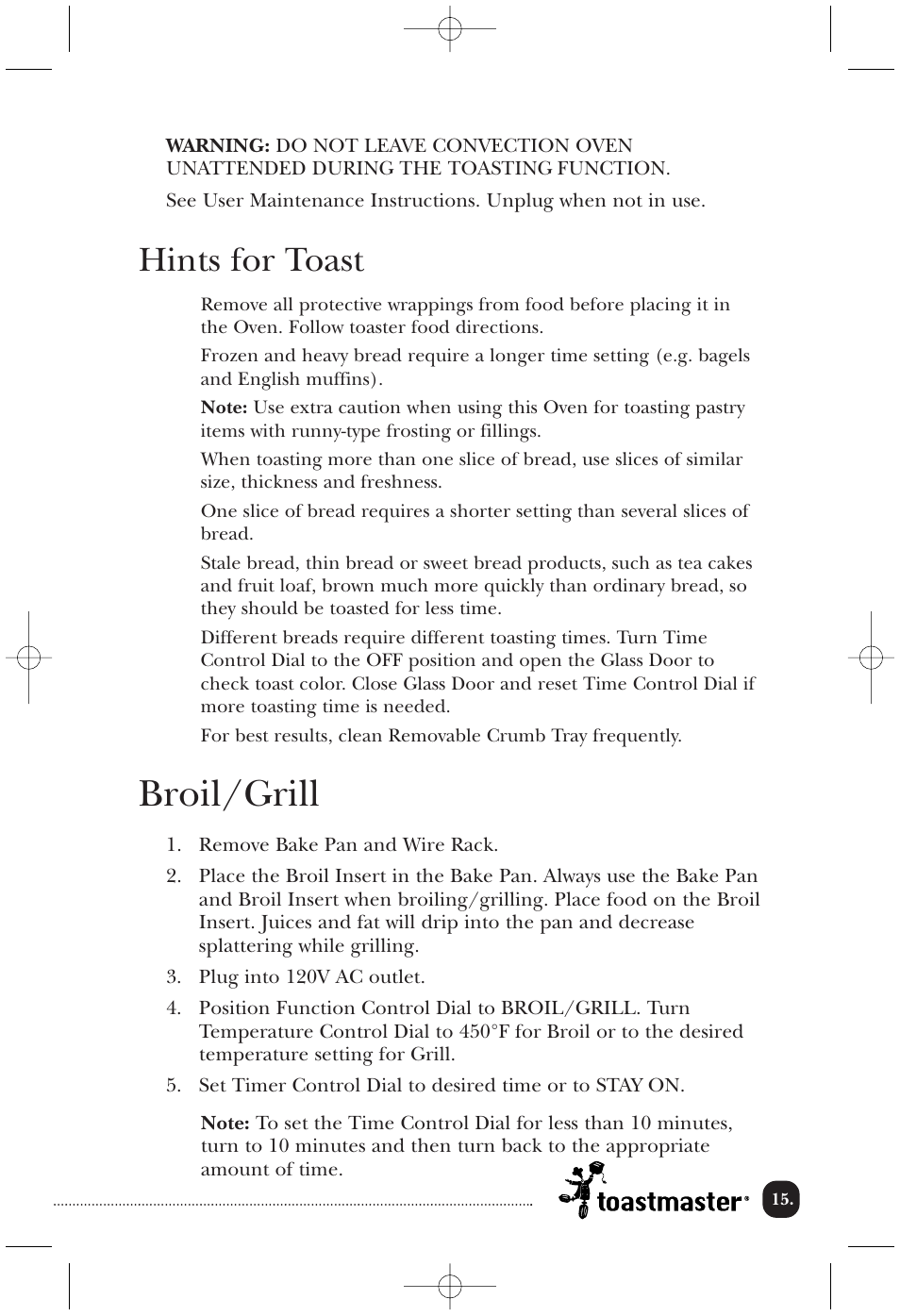 Broil/grill, Hints for toast | Toastmaster COV760B User Manual | Page 16 / 22