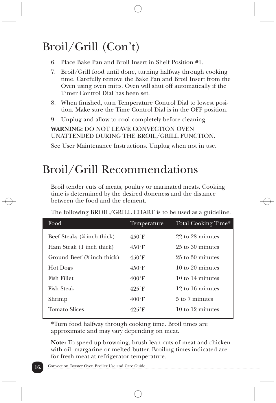 Broil/grill (con’t), Broil/grill recommendations | Toastmaster COV760B User Manual | Page 17 / 22