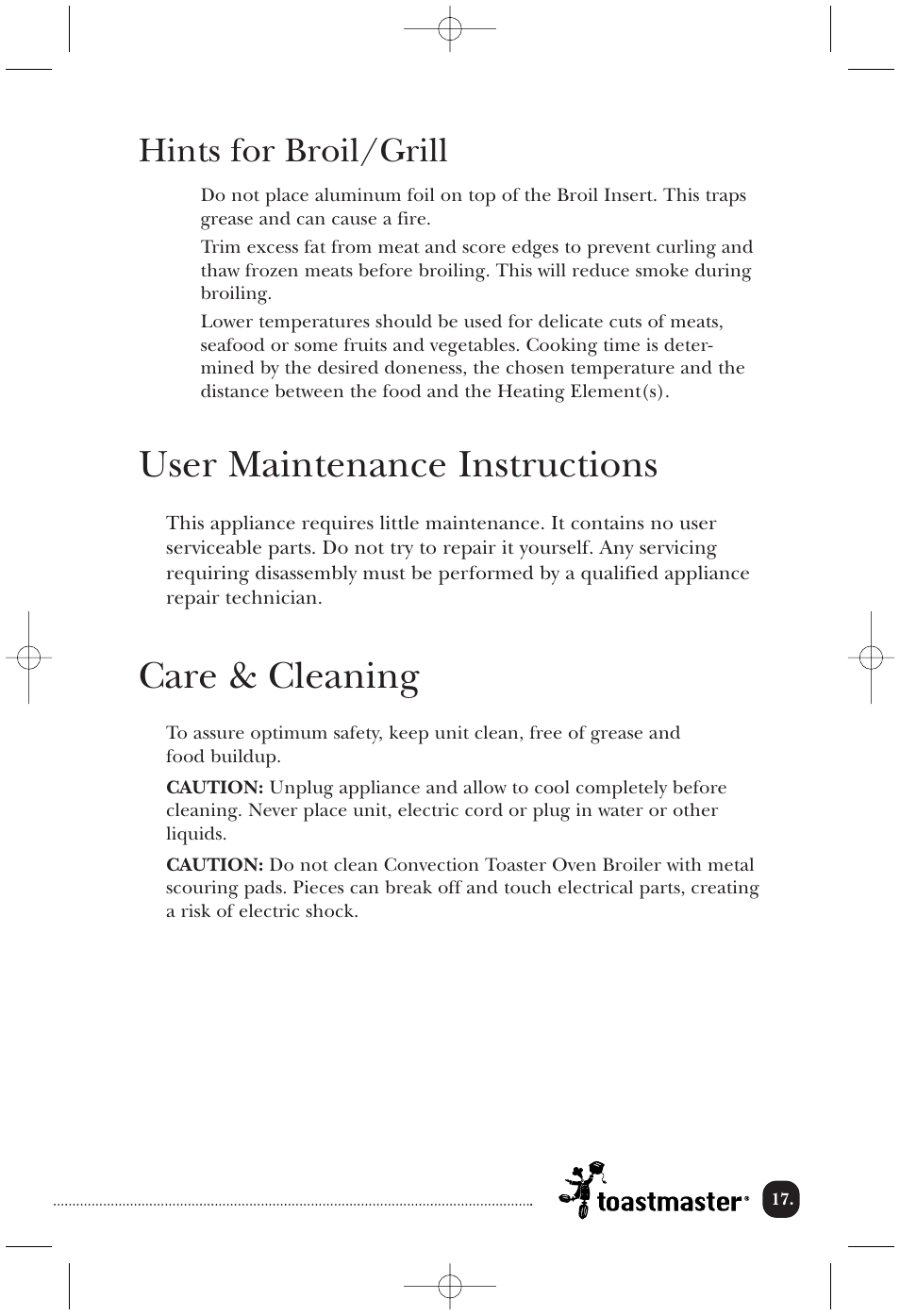 User maintenance instructions, Care & cleaning, Hints for broil/grill | Toastmaster COV760B User Manual | Page 18 / 22