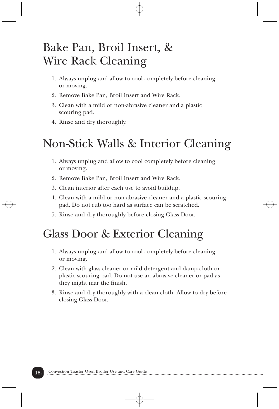 Bake pan, broil insert, & wire rack cleaning, Non-stick walls & interior cleaning, Glass door & exterior cleaning | Toastmaster COV760B User Manual | Page 19 / 22