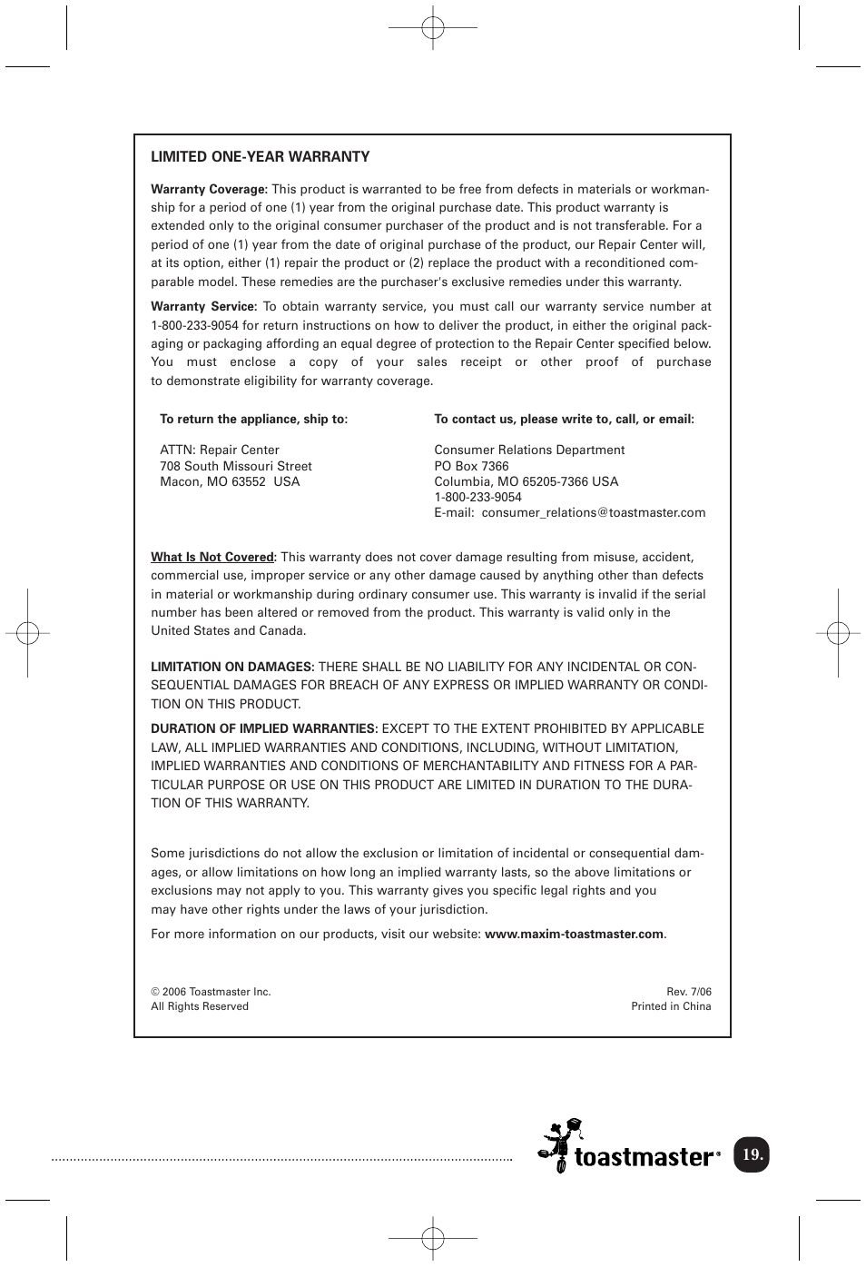 Toastmaster COV760B User Manual | Page 20 / 22