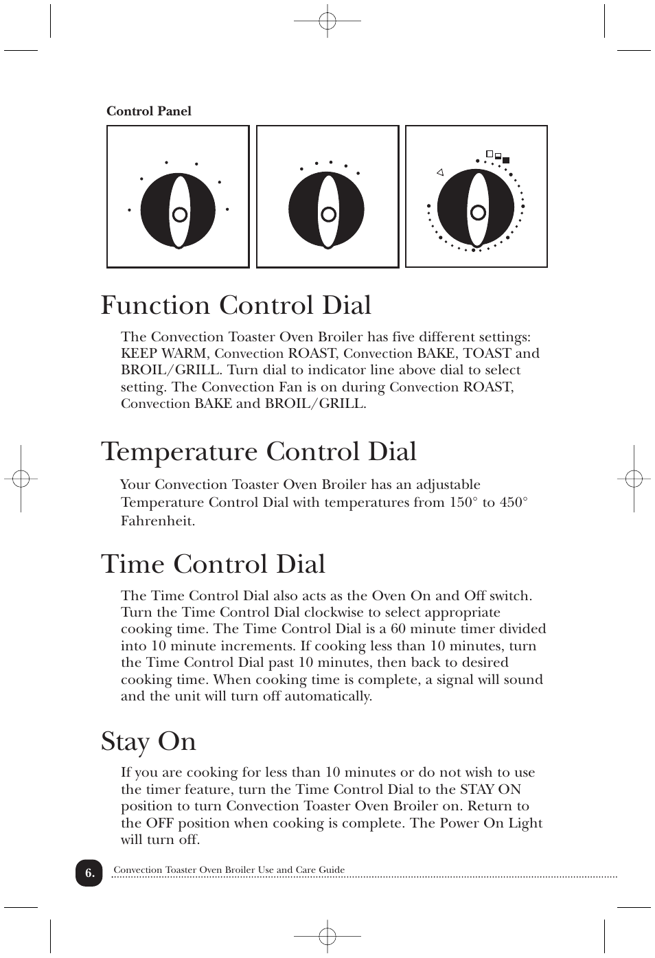 Function control dial, Temperature control dial, Time control dial | Stay on, Roast, Bake and broil/grill, Convection, Control panel | Toastmaster COV760B User Manual | Page 7 / 22