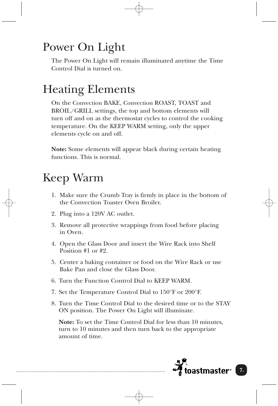 Power on light, Heating elements, Keep warm | Toastmaster COV760B User Manual | Page 8 / 22
