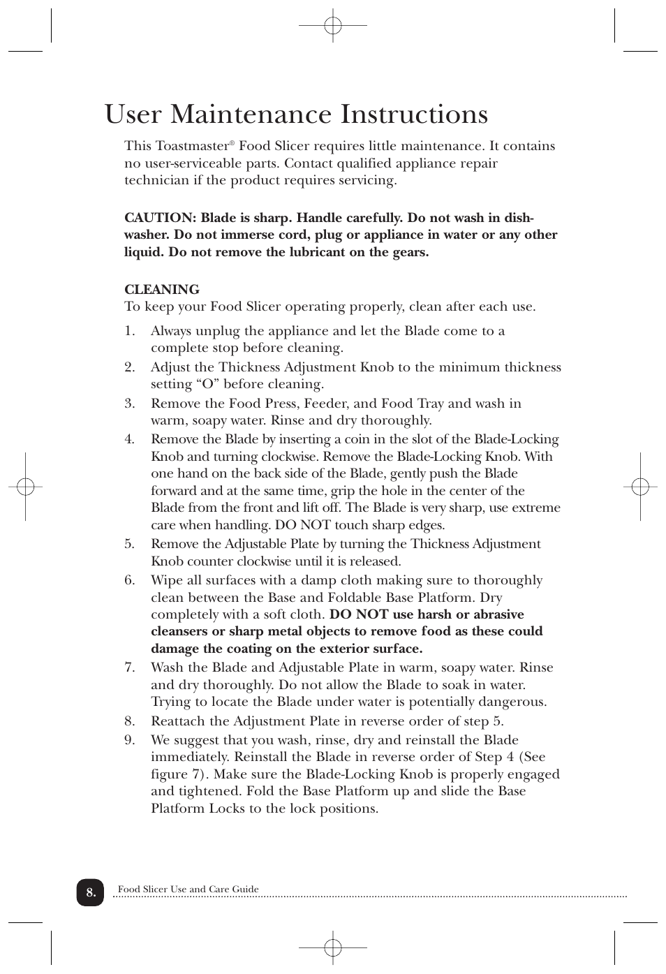 User maintenance instructions | Toastmaster TMFS1W User Manual | Page 9 / 14