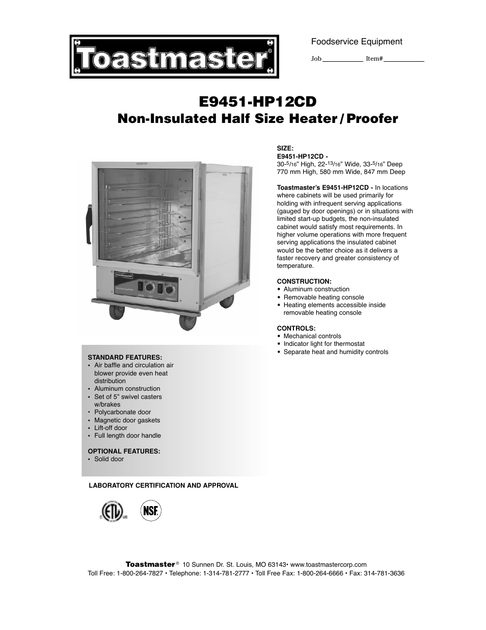 Toastmaster E9451-HP12CDNF User Manual | 2 pages