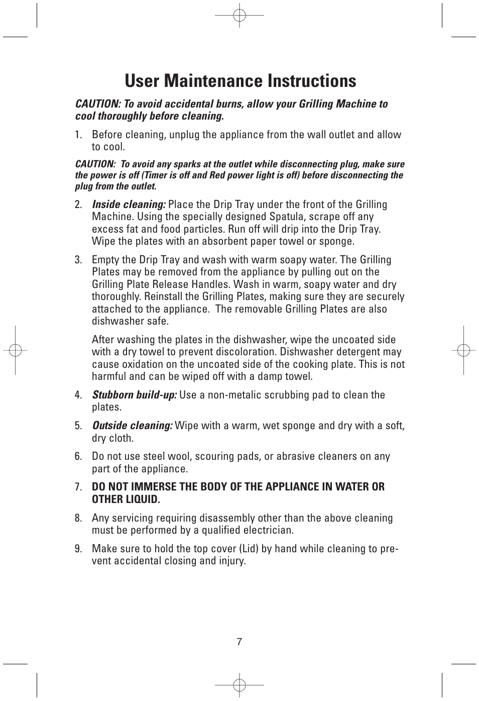 User maintenance instructions | Toastmaster GRP100 User Manual | Page 7 / 12