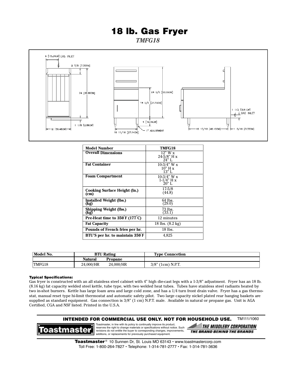 18 lb. gas fryer, Tmfg18 | Toastmaster TCGF1200P User Manual | Page 2 / 2