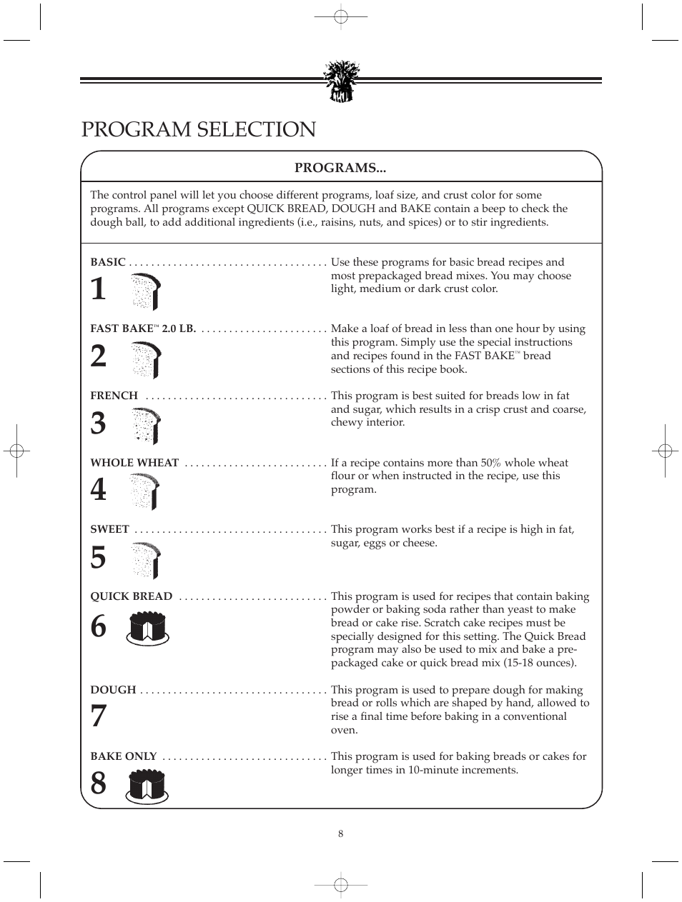 Program selection | Breadman BREAD BAKER TR520 User Manual | Page 10 / 68
