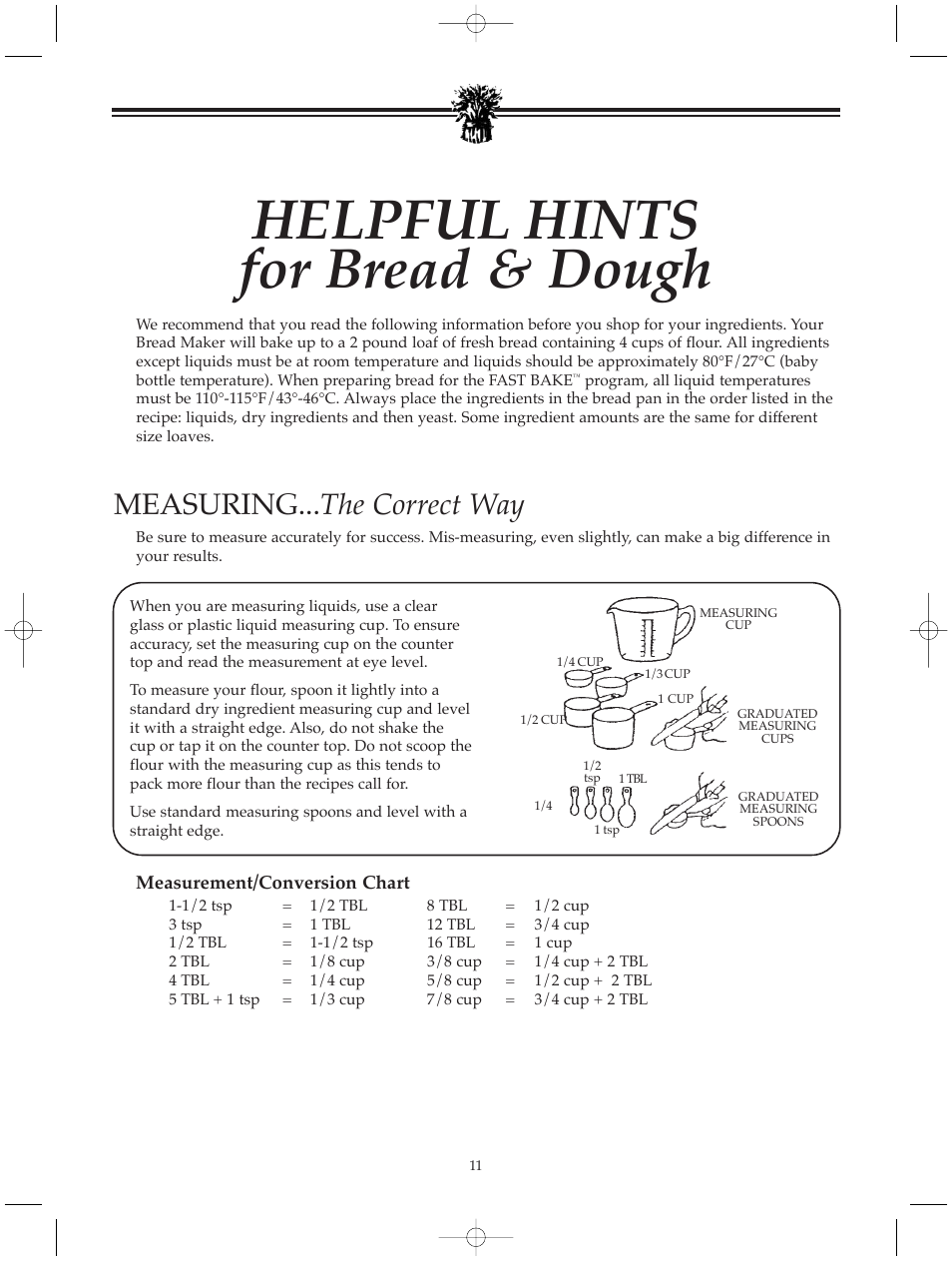 Helpful hints for bread & dough, Measuring... the correct way | Breadman BREAD BAKER TR520 User Manual | Page 13 / 68