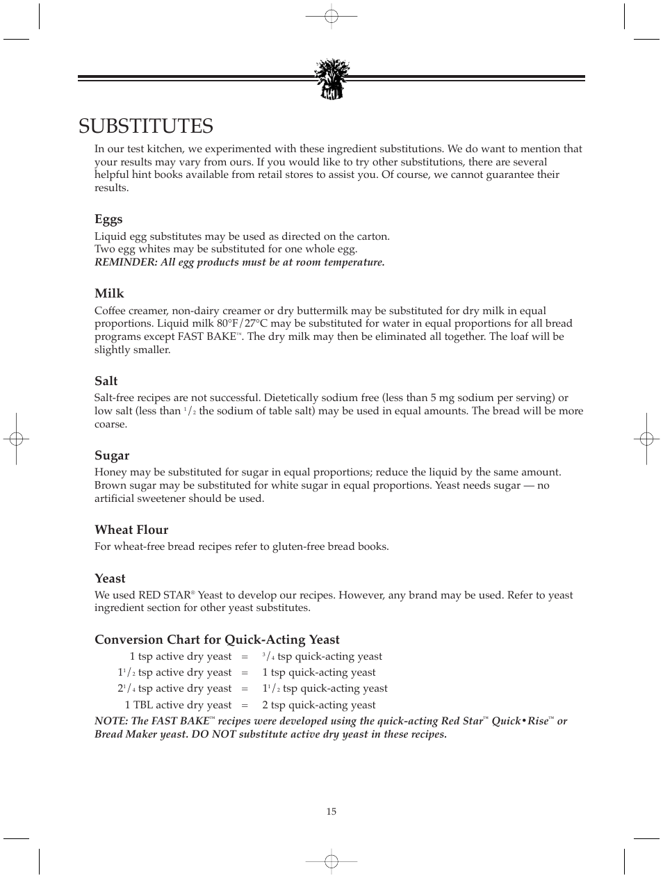 Substitutes, Eggs, Milk | Salt, Sugar, Wheat flour, Yeast, Conversion chart for quick-acting yeast | Breadman BREAD BAKER TR520 User Manual | Page 17 / 68