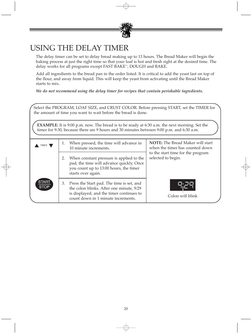 Using the delay timer | Breadman BREAD BAKER TR520 User Manual | Page 22 / 68