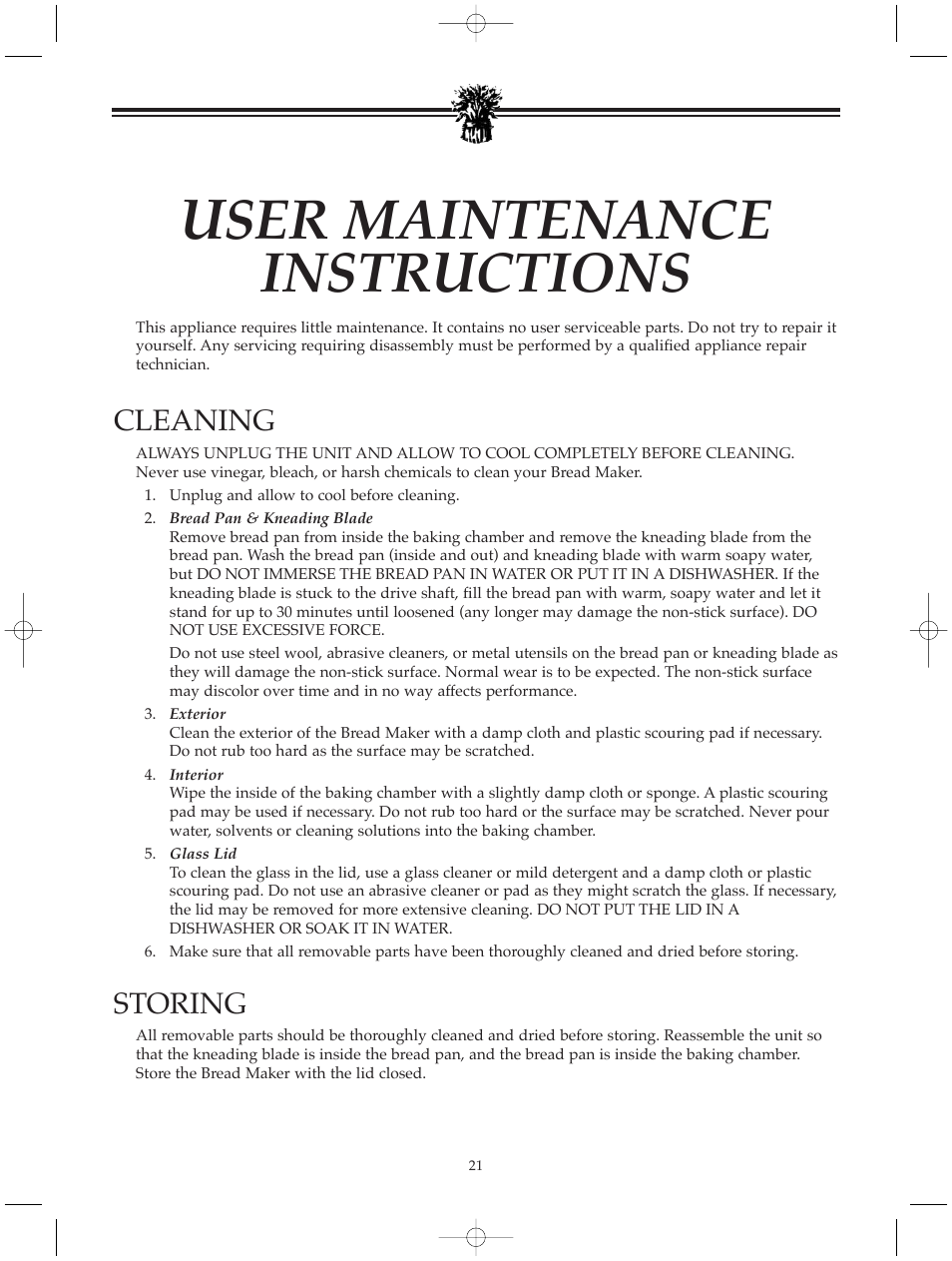 User maintenance instructions, Cleaning, Storing | Breadman BREAD BAKER TR520 User Manual | Page 23 / 68