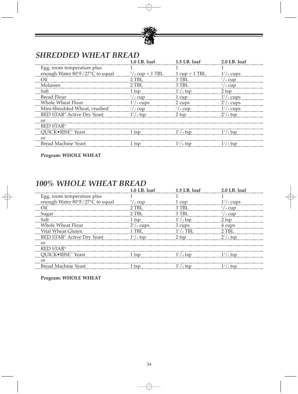 Shredded wheat bread, 100% whole wheat bread | Breadman BREAD BAKER TR520 User Manual | Page 36 / 68