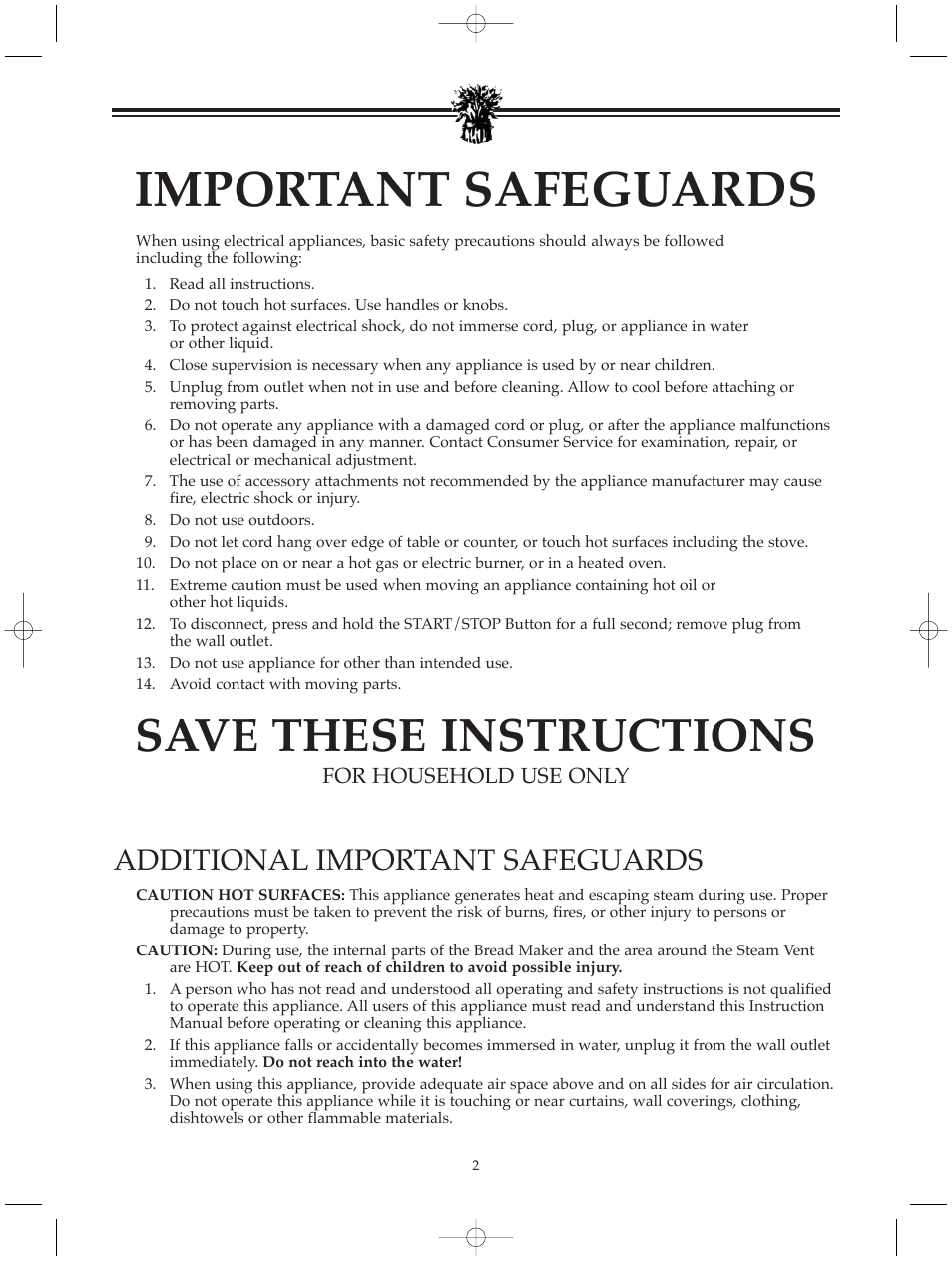 Important safeguards, Save these instructions, Additional important safeguards | Breadman BREAD BAKER TR520 User Manual | Page 4 / 68
