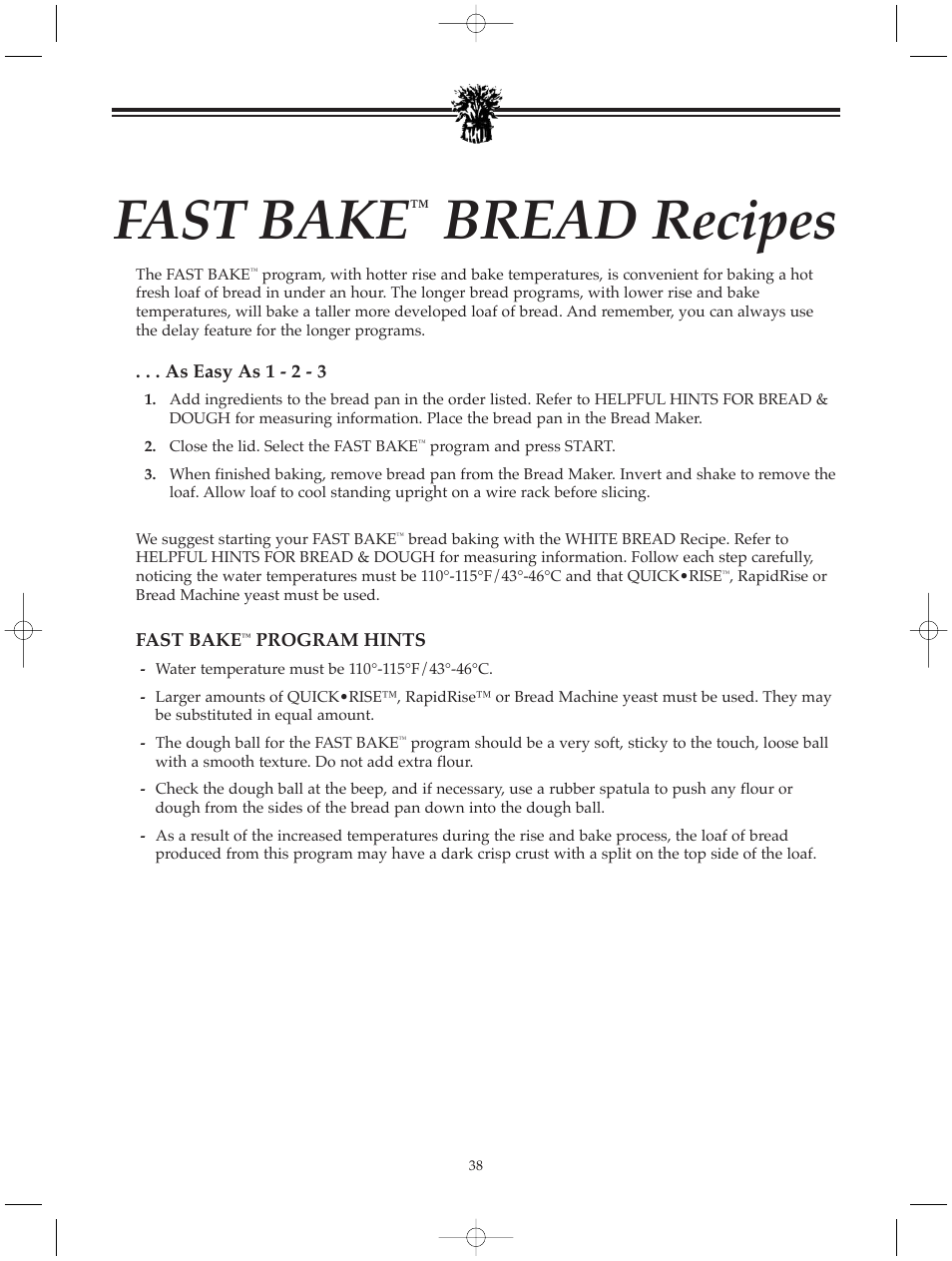 Fast bake, Bread recipes | Breadman BREAD BAKER TR520 User Manual | Page 40 / 68