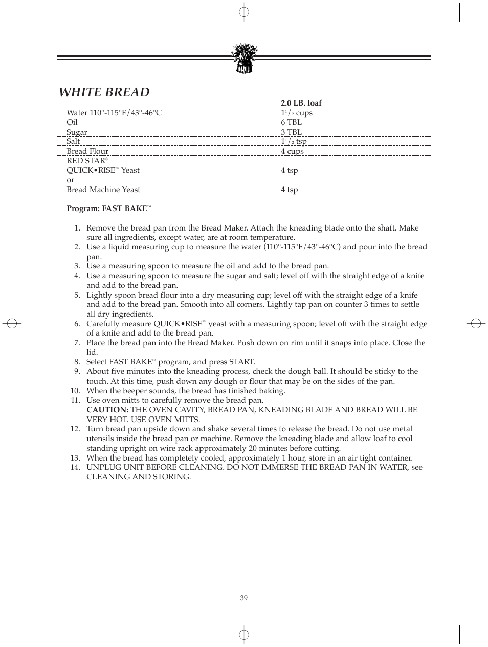 White bread | Breadman BREAD BAKER TR520 User Manual | Page 41 / 68