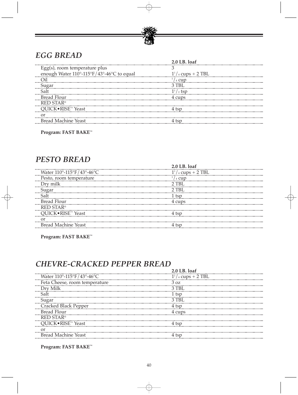 Egg bread, Pesto bread, Chevre-cracked pepper bread | Breadman BREAD BAKER TR520 User Manual | Page 42 / 68