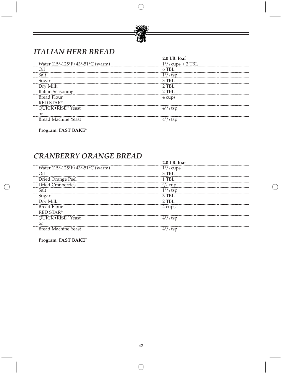 Italian herb bread, Cranberry orange bread | Breadman BREAD BAKER TR520 User Manual | Page 44 / 68