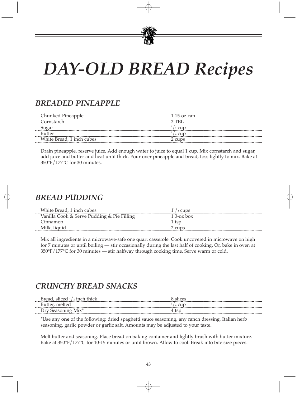 Day-old bread recipes, Breaded pineapple, Bread pudding | Crunchy bread snacks | Breadman BREAD BAKER TR520 User Manual | Page 45 / 68