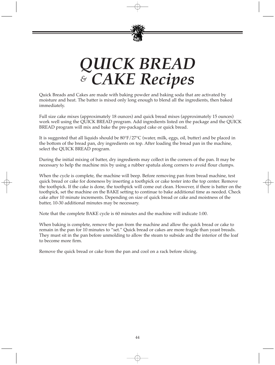 Quick bread, Cake recipes | Breadman BREAD BAKER TR520 User Manual | Page 46 / 68