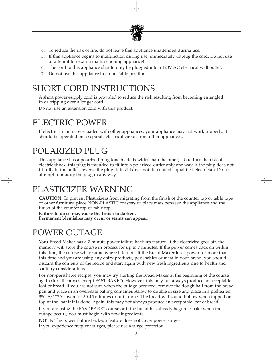 Short cord instructions, Electric power, Polarized plug | Plasticizer warning, Power outage | Breadman BREAD BAKER TR520 User Manual | Page 5 / 68