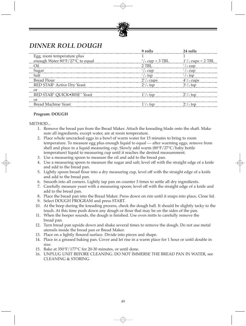 Dinner roll dough | Breadman BREAD BAKER TR520 User Manual | Page 51 / 68
