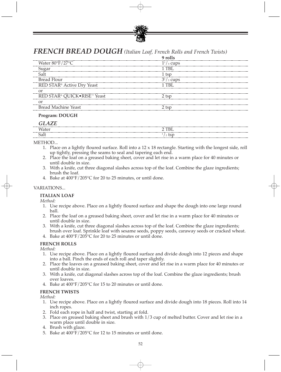 French bread dough, Italian loaf, french rolls and french twists), Glaze | Breadman BREAD BAKER TR520 User Manual | Page 54 / 68