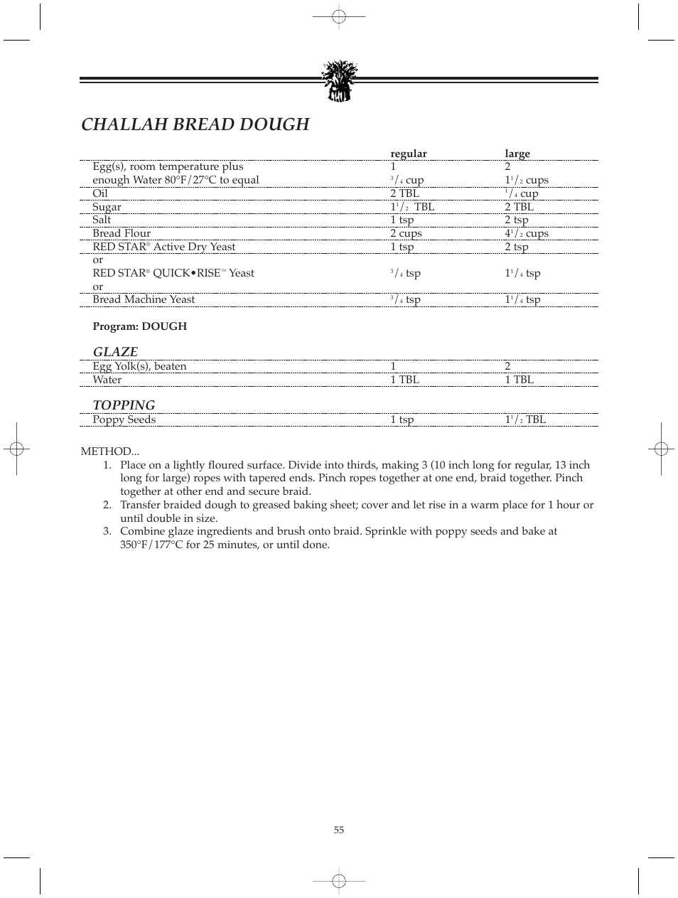 Challah bread dough, Glaze, Topping | Breadman BREAD BAKER TR520 User Manual | Page 57 / 68