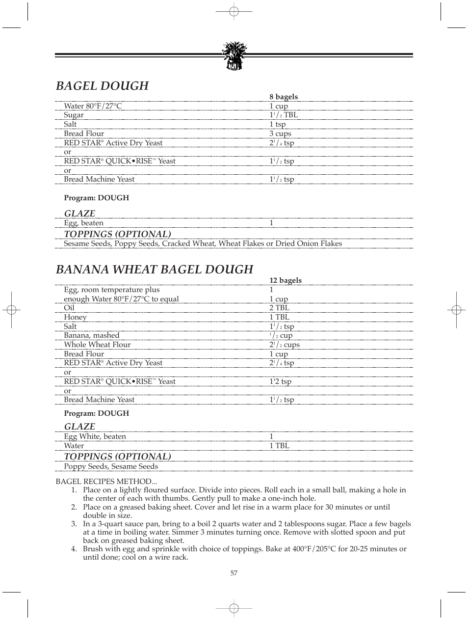 Bagel dough, Banana wheat bagel dough, Glaze | Toppings (optional) | Breadman BREAD BAKER TR520 User Manual | Page 59 / 68