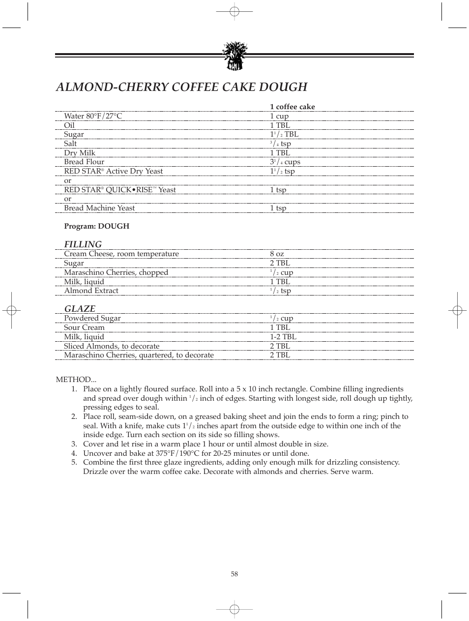 Almond-cherry coffee cake dough, Filling, Glaze | Breadman BREAD BAKER TR520 User Manual | Page 60 / 68