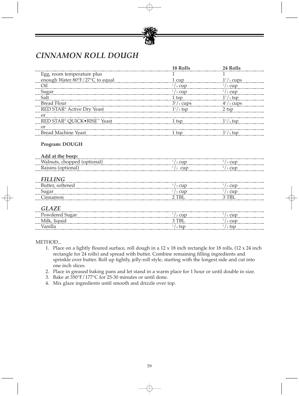 Cinnamon roll dough, Filling, Glaze | Breadman BREAD BAKER TR520 User Manual | Page 61 / 68