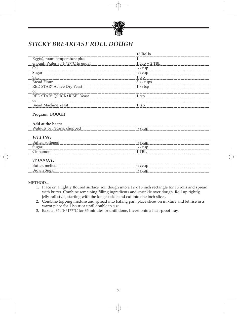 Sticky breakfast roll dough, Filling, Topping | Breadman BREAD BAKER TR520 User Manual | Page 62 / 68