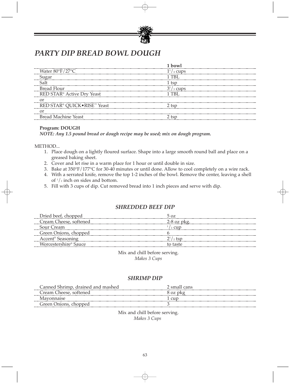 Party dip bread bowl dough, Shredded beef dip, Shrimp dip | Breadman BREAD BAKER TR520 User Manual | Page 65 / 68