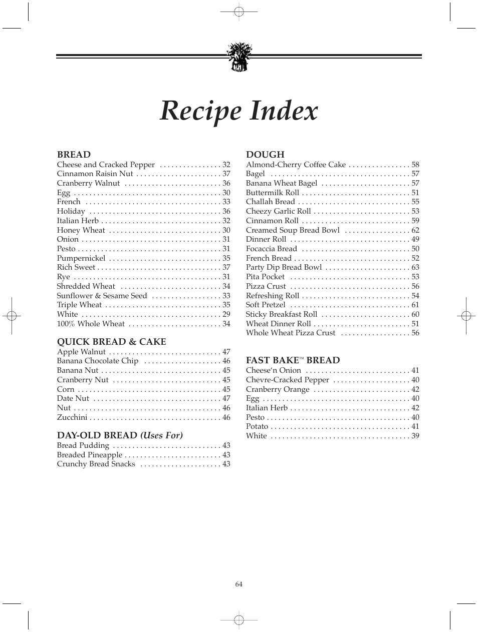 Recipe index | Breadman BREAD BAKER TR520 User Manual | Page 66 / 68