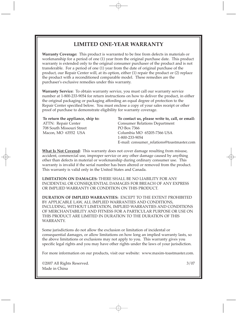 Limited one-year warranty | Breadman BREAD BAKER TR520 User Manual | Page 67 / 68