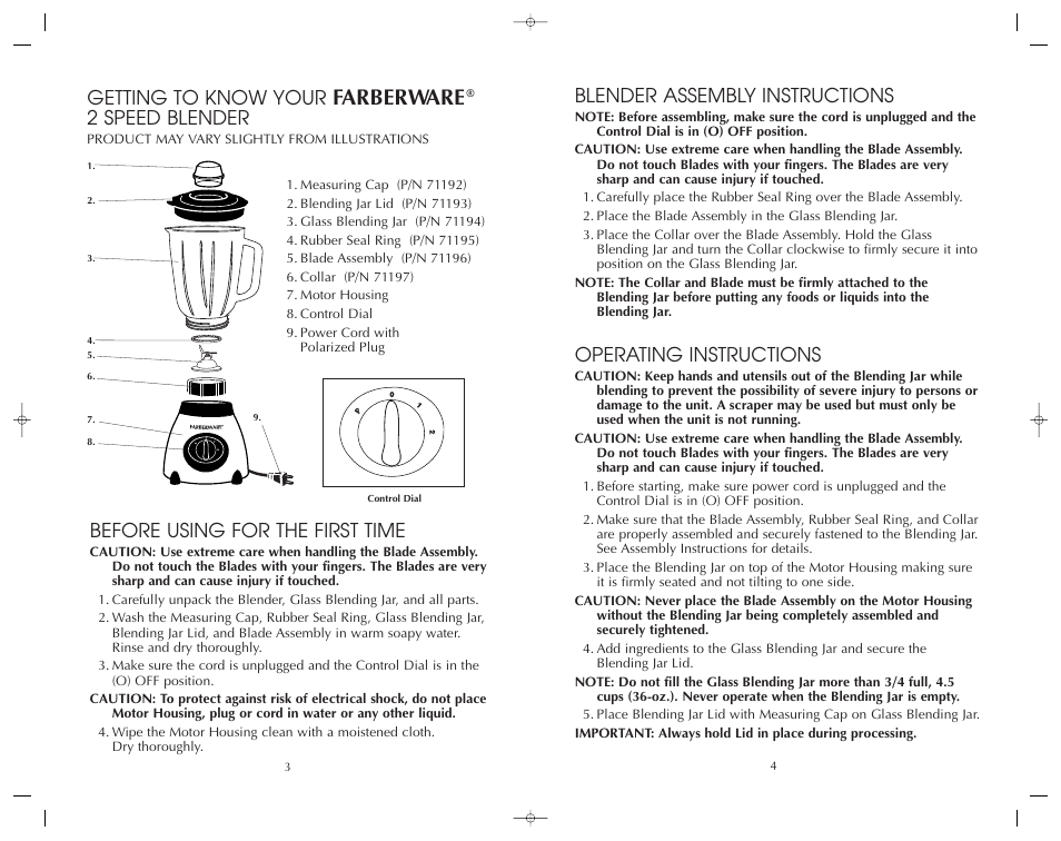 Farberware, Blender assembly instructions, Operating instructions | Before using for the first time, Getting to know your, 2 speed blender | Toastmaster FBL500SS User Manual | Page 5 / 8