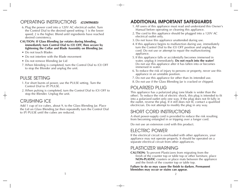 Pulse setting, Crushing ice, Operating instructions | Additional important safeguards, Polarized plug, Short cord instructions, Electric power, Plasticizer warning | Toastmaster FBL500SS User Manual | Page 6 / 8