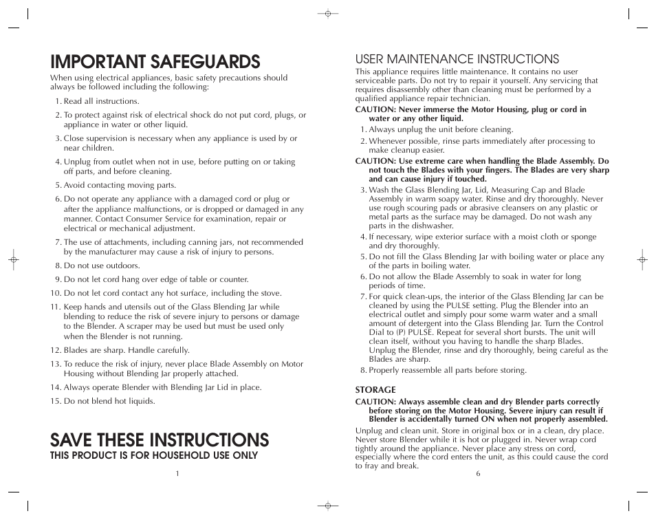 Important safeguards, Save these instructions, User maintenance instructions | Toastmaster FBL500SS User Manual | Page 7 / 8
