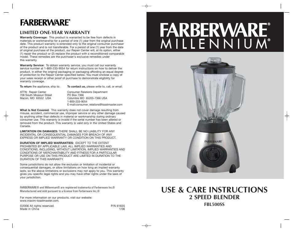 Use & care instructions, 2 speed blender, Fbl500ss limited one-year warranty | Toastmaster FBL500SS User Manual | Page 8 / 8