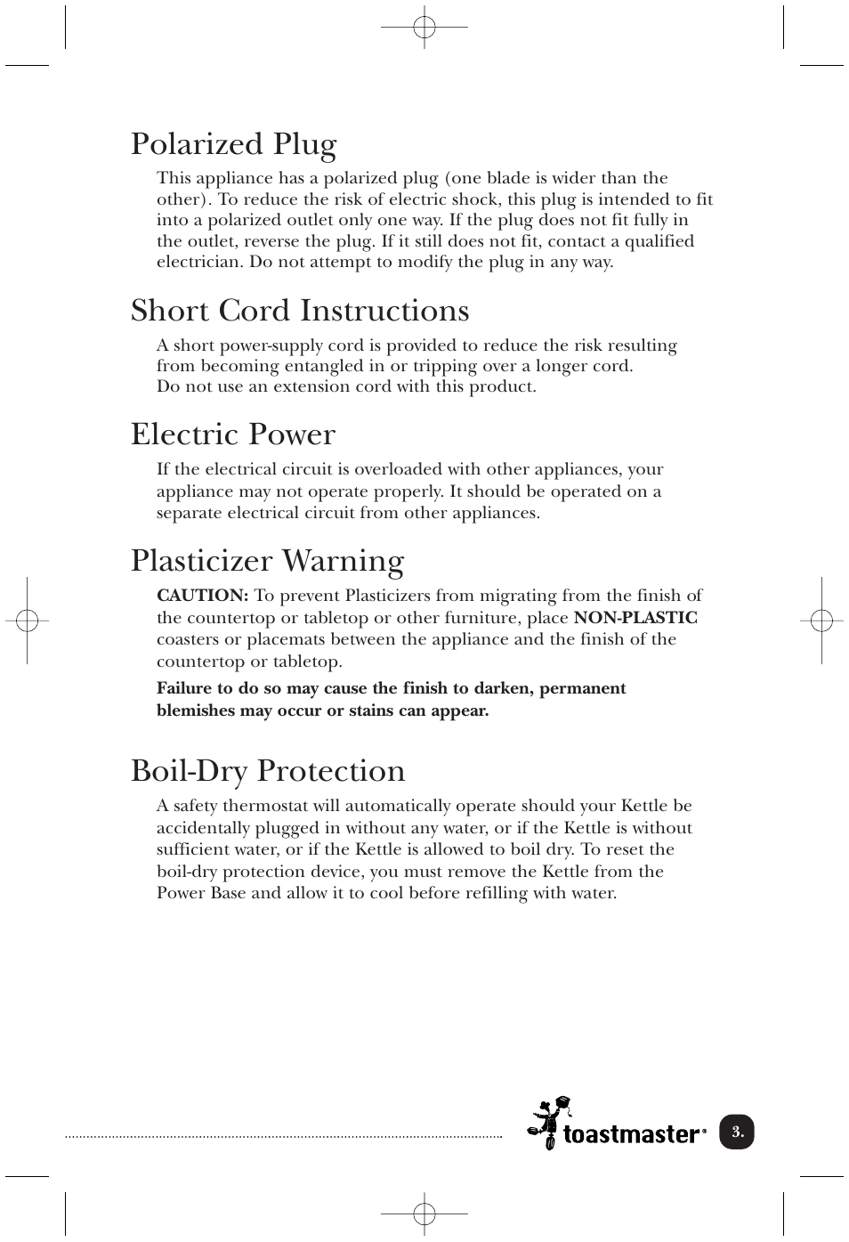 Polarized plug, Short cord instructions, Electric power | Plasticizer warning, Boil-dry protection | Toastmaster TEK17W User Manual | Page 4 / 10