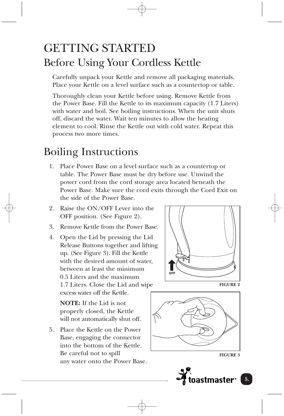 Getting started, Before using your cordless kettle, Boiling instructions | Toastmaster TEK17W User Manual | Page 6 / 10
