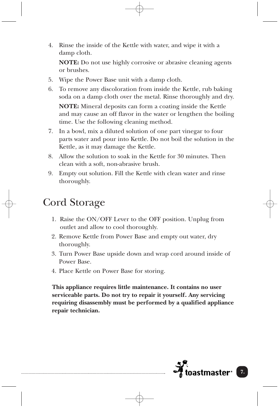 Cord storage | Toastmaster TEK17W User Manual | Page 8 / 10