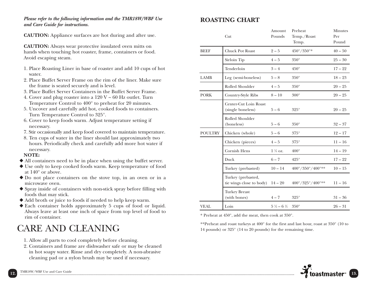 Care and cleaning, Roasting chart | Toastmaster TMR18W/WBF User Manual | Page 14 / 28