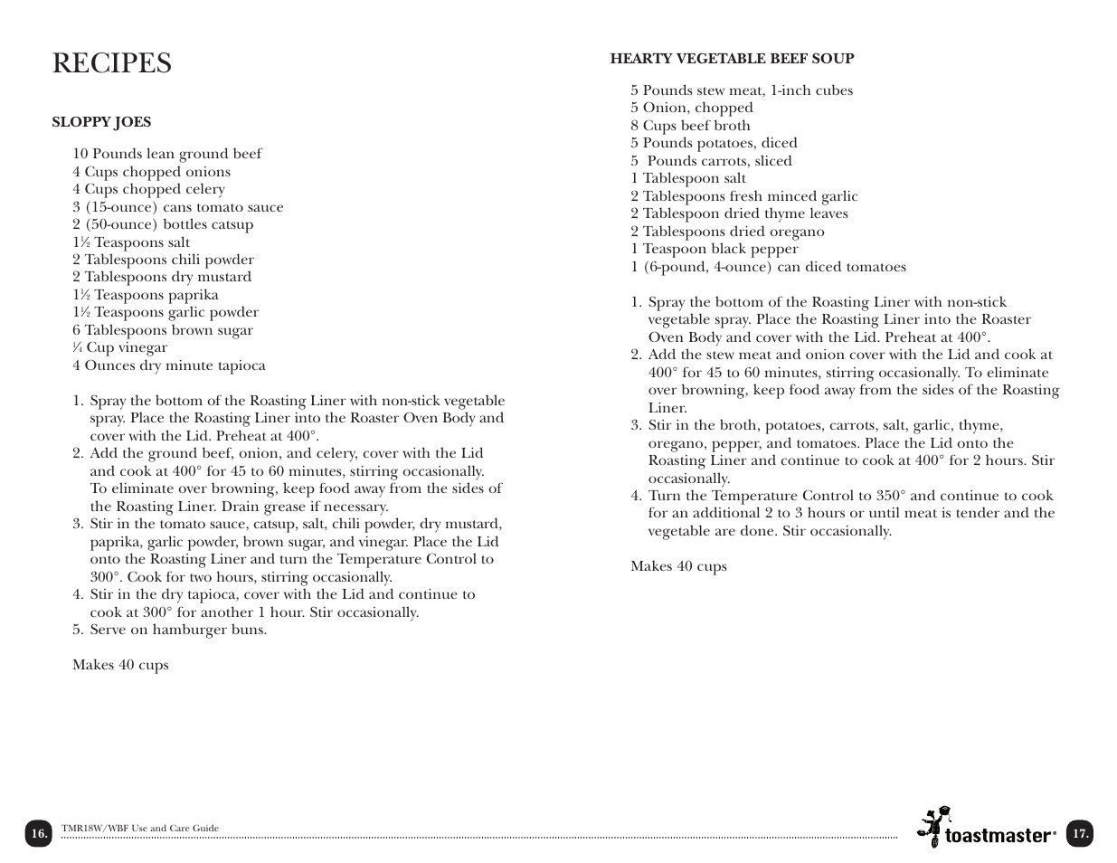 Recipes | Toastmaster TMR18W/WBF User Manual | Page 18 / 28