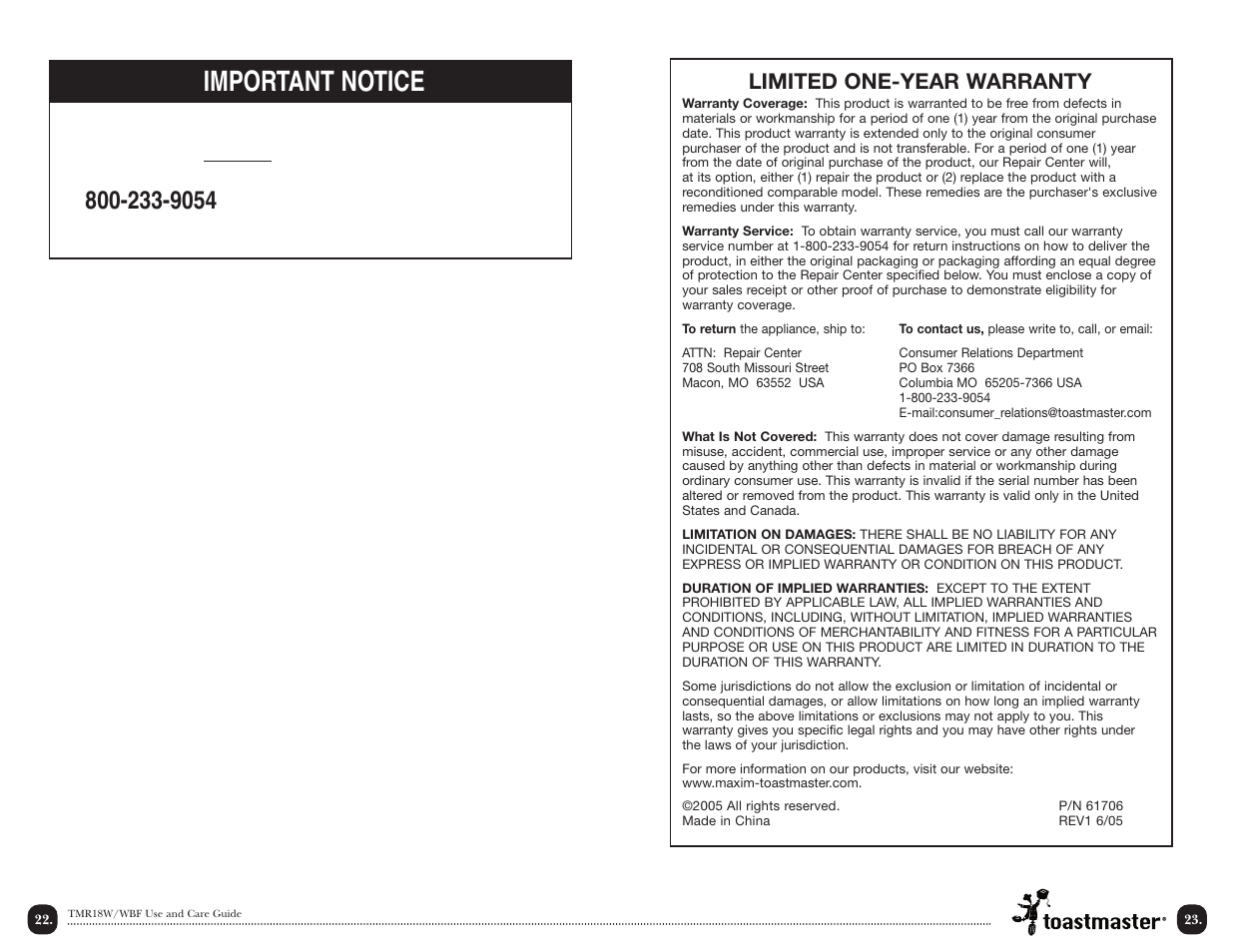Important notice, Limited one-year warranty | Toastmaster TMR18W/WBF User Manual | Page 24 / 28
