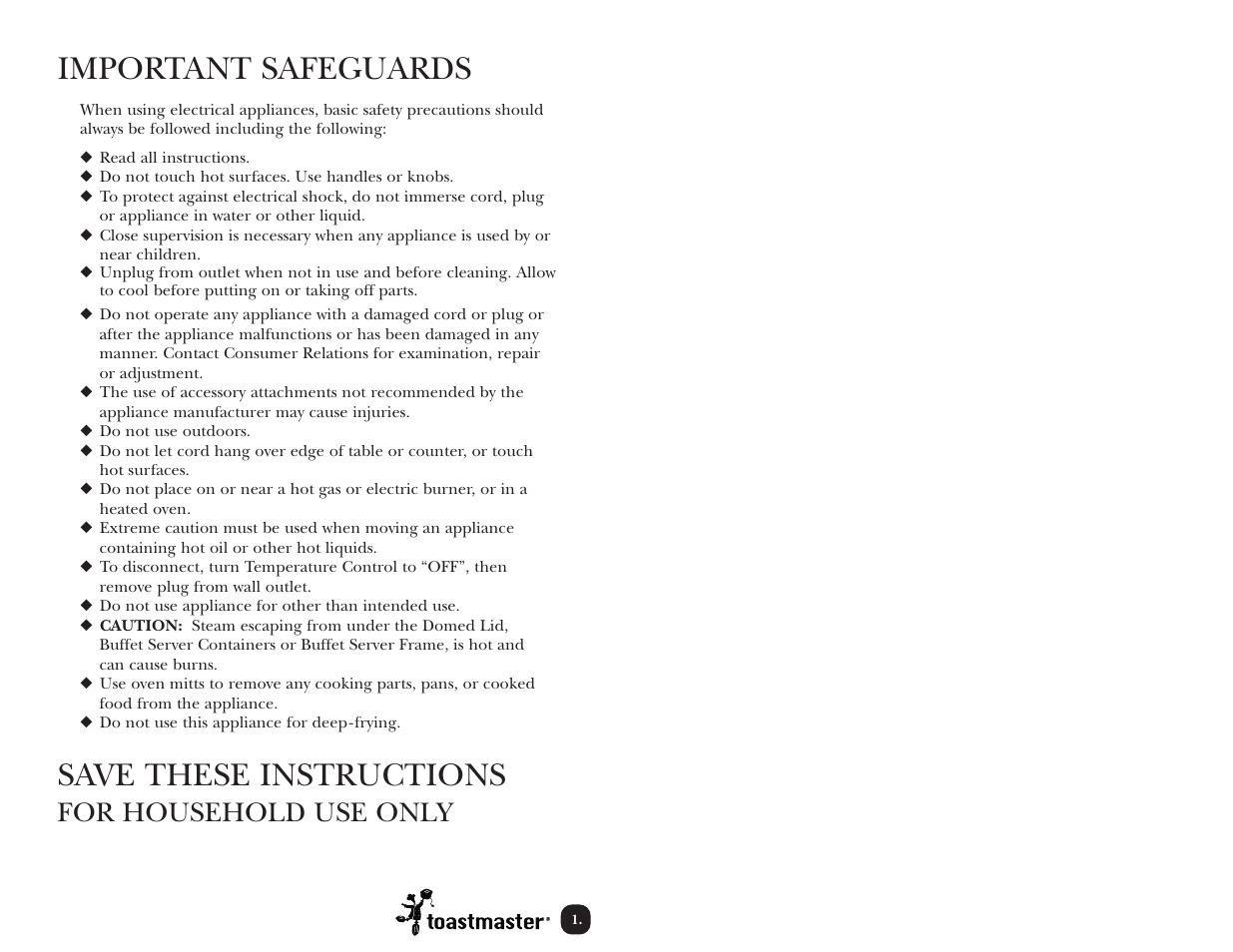 Important safeguards, Save these instructions, For household use only | Toastmaster TMR18W/WBF User Manual | Page 3 / 28